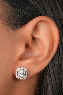 White Finish Zircon Square Stud Earrings In Sterling Silver