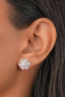White Finish Zircon Floral Stud Earrings In Sterling Silver