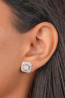 White Finish Zircon Square Stud Earrings In Sterling Silver