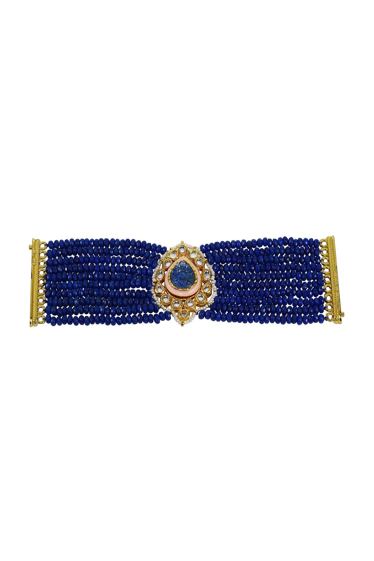 Gold Finish Kundan Polki & Blue Beaded Meenakari Bracelet