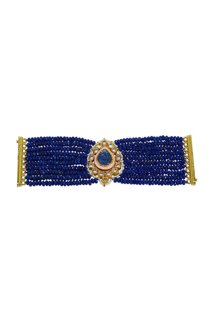 Gold Finish Kundan Polki & Blue Beaded Meenakari Bracelet
