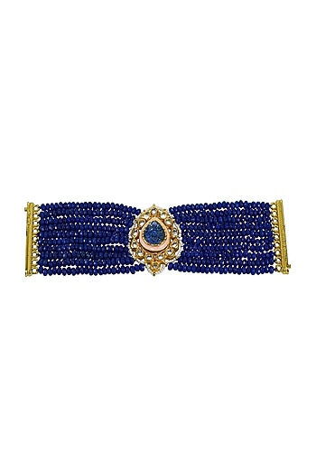 Gold Finish Kundan Polki & Blue Beaded Meenakari Bracelet