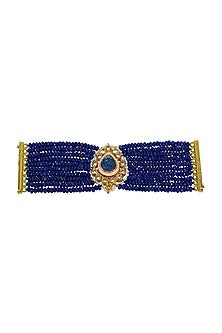 Gold Finish Kundan Polki & Blue Beaded Meenakari Bracelet