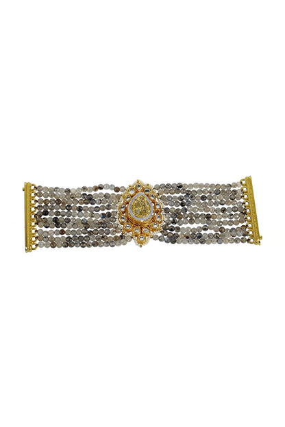 Gold Finish Kundan Polki & Beaded Grey Meenakari Bracelet