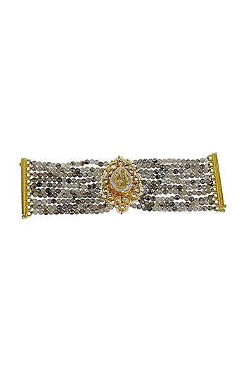 Gold Finish Kundan Polki & Beaded Grey Meenakari Bracelet