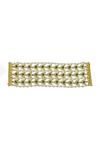Gold Finish Green Jadtar & Kundan Polki Bracelet
