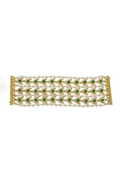 Gold Finish Green Jadtar & Kundan Polki Bracelet