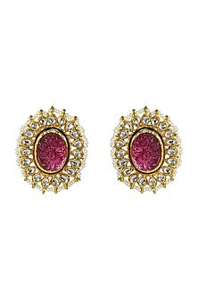 Gold Finish Kundan Polki & Red Jadtar Stud Earrings