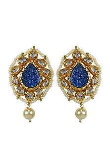 Gold Finish Kundan Polki & Blue Jadtar Panshape Stud Earrings