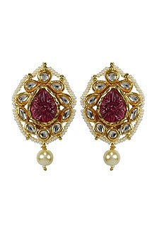 Gold Finish Kundan Polki & Red Jadtar Panshape Stud Earrings