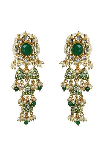 Gold Finish Kundan Polki & Green Jadtar Meenakari Dangler Earrings