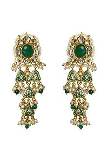 Gold Finish Kundan Polki & Green Jadtar Meenakari Dangler Earrings