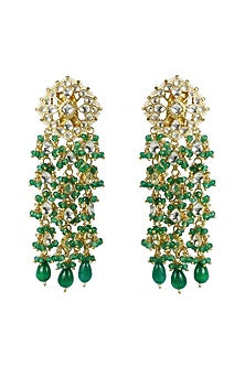 Gold Finish Kundan Polki & Green Bead Dangler Earrings