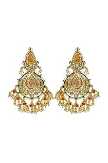Gold Finish Orange Jadtar Stone & Kundan Polki Dangler Earrings