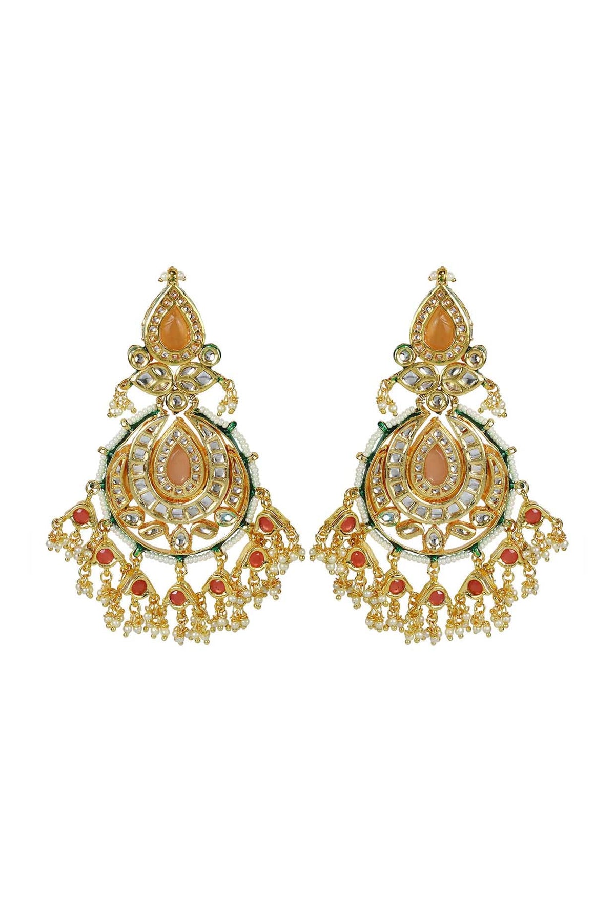 Gold Finish Orange Jadtar Stone & Kundan Polki Dangler Earrings