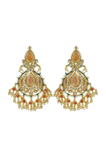 Gold Finish Orange Jadtar Stone & Kundan Polki Dangler Earrings