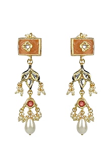 Gold Finish Orange Jadtar Stone & Kundan Polki Dangler Earrings