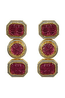Gold Finish Kundan Polki & Pink Jadtar Hexagon Earrings