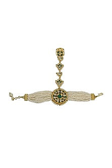 Gold Finish Kundan Polki & Green Jadtar Hand Harness