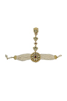 Gold Finish Kundan Polki & Green Jadtar Hand Harness