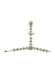 Gold Finish Kundan Polki & Green Jadtar Hand Harness
