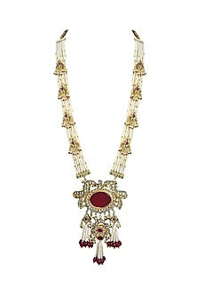 Gold Finish Kundan Polki & Red Jadtar Long Necklace