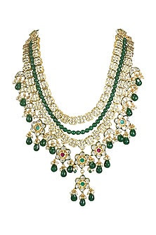 Gold Finish Kundan Polki & Green Bead Long Necklace
