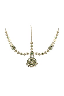 Gold Finish Kundan Polki & Green Jadtar Stone Mathapatti