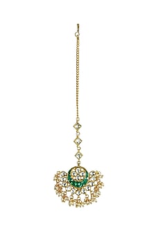 Gold Finish Kundan Polki & Green Jadtar Stone Maang Tikka