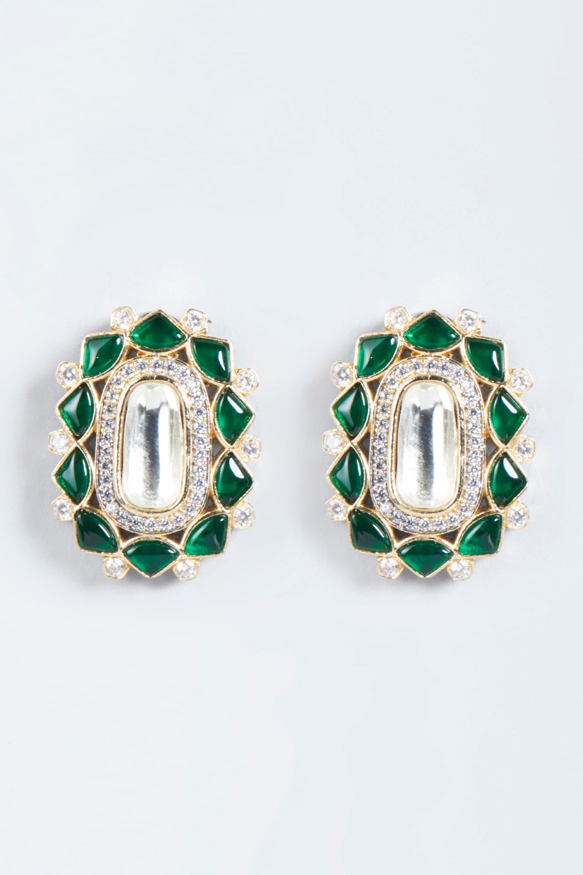 Gold Finish Kundan Polki & Green Stone Stud Earrings