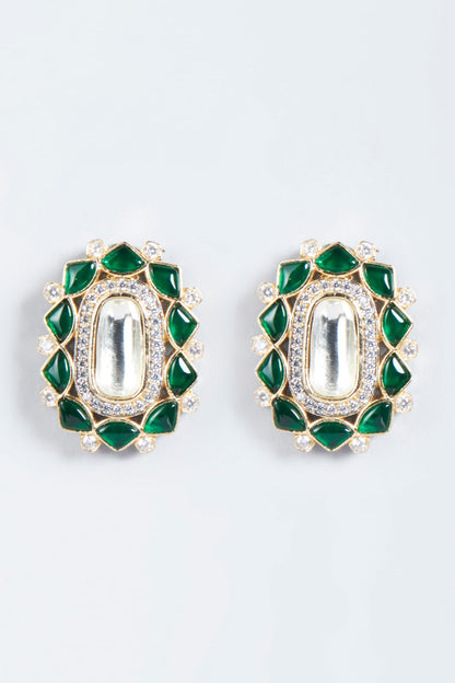 Gold Finish Kundan Polki & Green Stone Stud Earrings