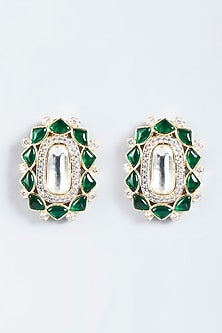 Gold Finish Kundan Polki & Green Stone Stud Earrings