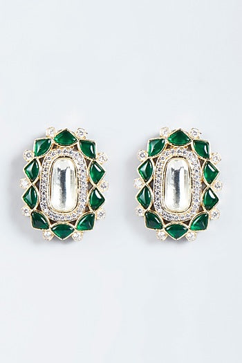 Gold Finish Kundan Polki & Green Stone Stud Earrings