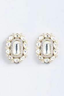 Gold Finish Kundan Polki & White Stone Stud Earrings