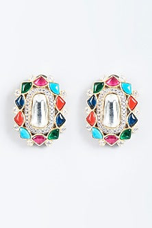 Gold Finish Multi-Colored Stone Stud Earrings
