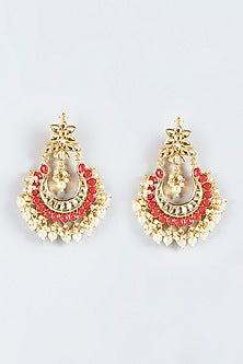 Gold Finish Coral Stone Chandbali Earrings