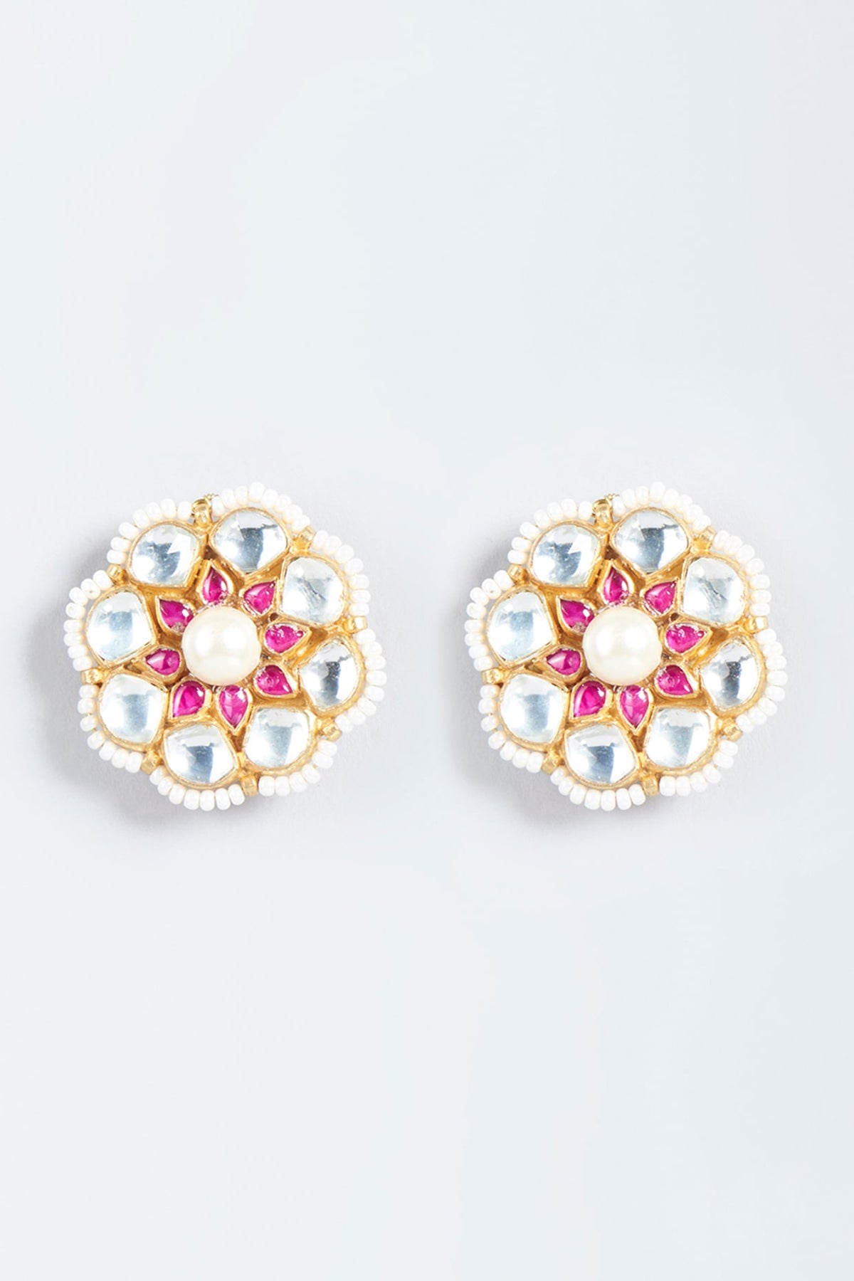 Gold Finish Red Stone & Pearl Stud Earrings