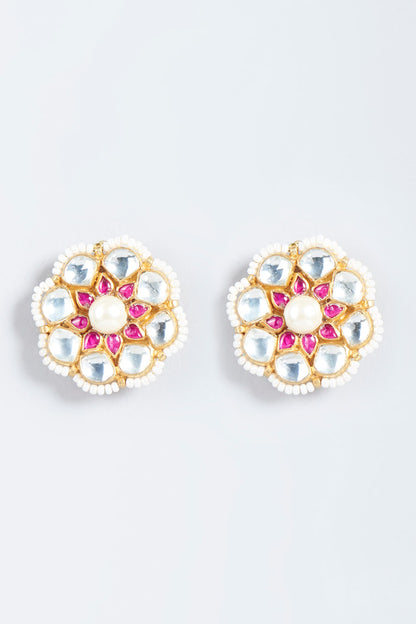 Gold Finish Red Stone & Pearl Stud Earrings