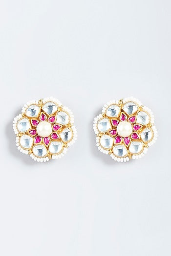 Gold Finish Red Stone & Pearl Stud Earrings