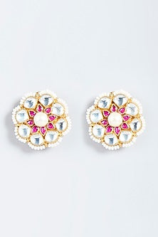 Gold Finish Red Stone & Pearl Stud Earrings