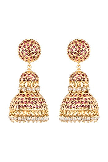 Gold Finish Semi-Precious Red Stones Jadtar Jhumka Earrings