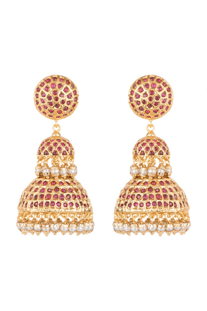 Gold Finish Semi-Precious Red Stones Jadtar Jhumka Earrings