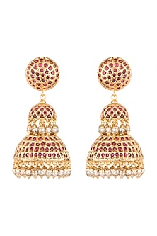 Gold Finish Semi-Precious Red Stones Jadtar Jhumka Earrings