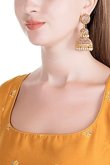 Gold Finish Semi-Precious Red Stones Jadtar Jhumka Earrings