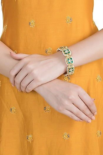 Gold Finish Semi-Precious White & Green Jadtar Bangle