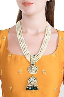 Gold Finish Green Meenakari & Thewa Jadtar Pendant Necklace
