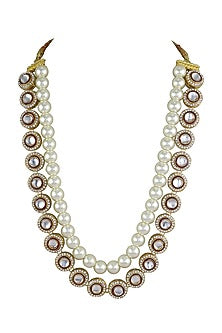 Gold Finish Zircon Drop & Pearl Long Necklace