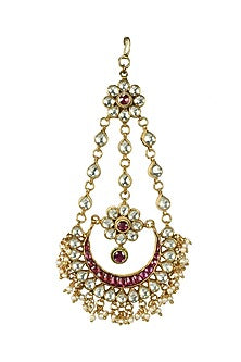 Gold Finish Red Meenakari Pearl Drop Maangtikka