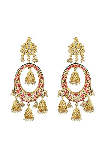 Gold Finish Orange Meenakari Kundan Polki Chandbali Earrings