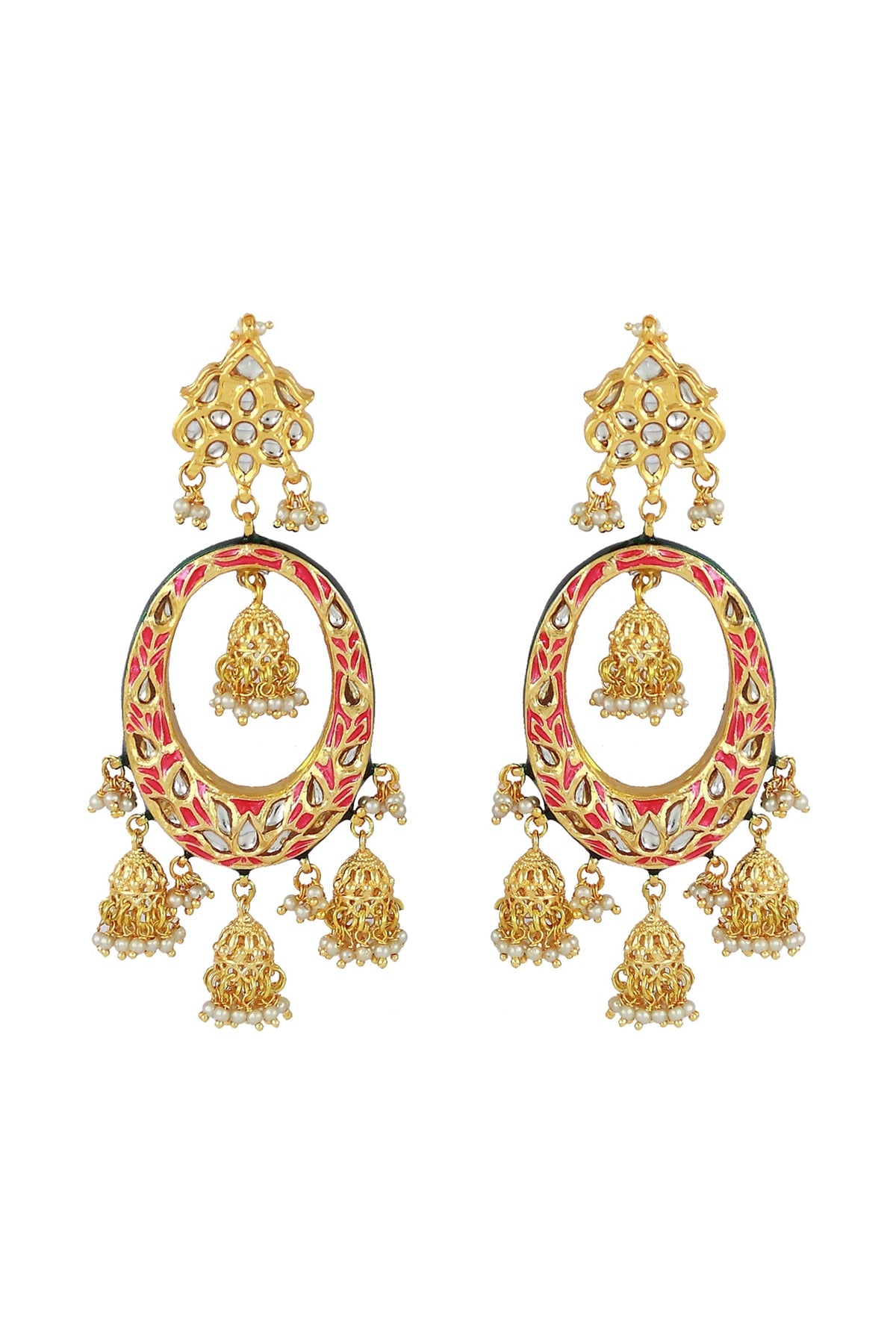 Gold Finish Orange Meenakari Kundan Polki Chandbali Earrings